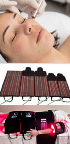 Three pictures vertically of a woman getting a facial, bedding straps, and red light body wrap.
