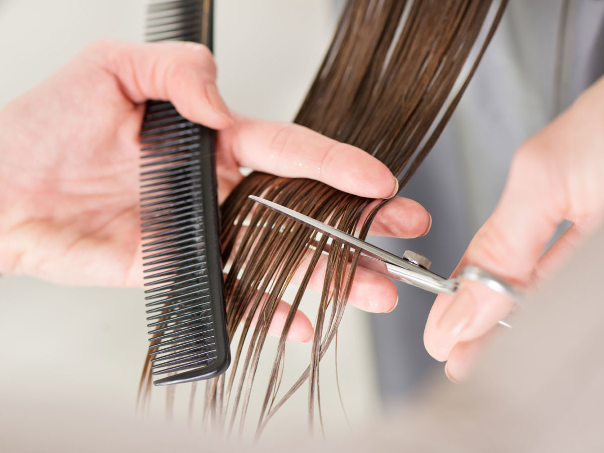 Showing only hands with scissors and comb cutting hair.