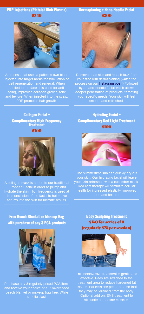 Spa July specials for facials and make-ups.