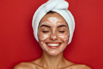 Lady smiling with clear facial mask on and a white towel wrapped around her head.