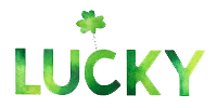 Words LUCKY with green clover.