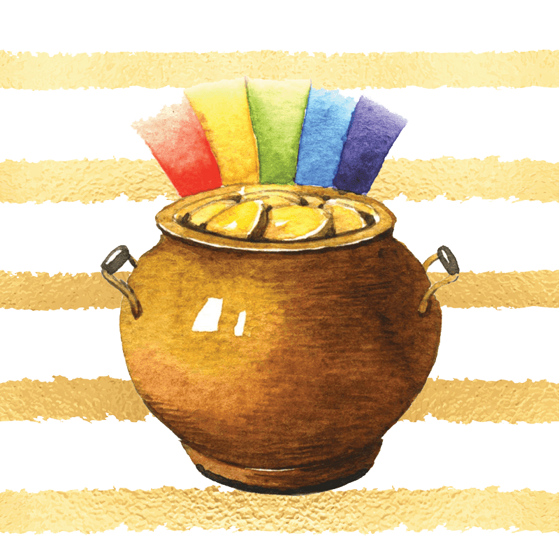 Brown pot of coins with rainbow streamers.