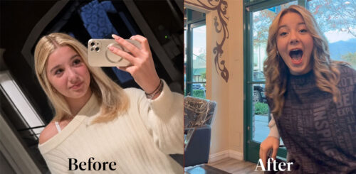 Before and After hair cut and style on a young lady by Deja Vu Med Spa and Salon in Downtown Arcadia, CA