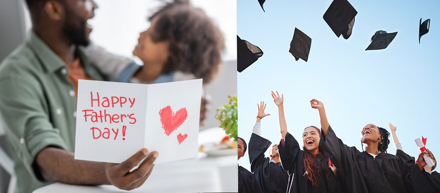 Two pictures, one of a father and a child and father holding a Father's Day card. Second, graduates throwing up their caps in celebration of graduating.