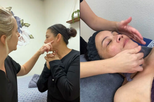 Natalie Masiello, Aesthetician/Patient Coordinator giving a chemical peel to a lady customer.