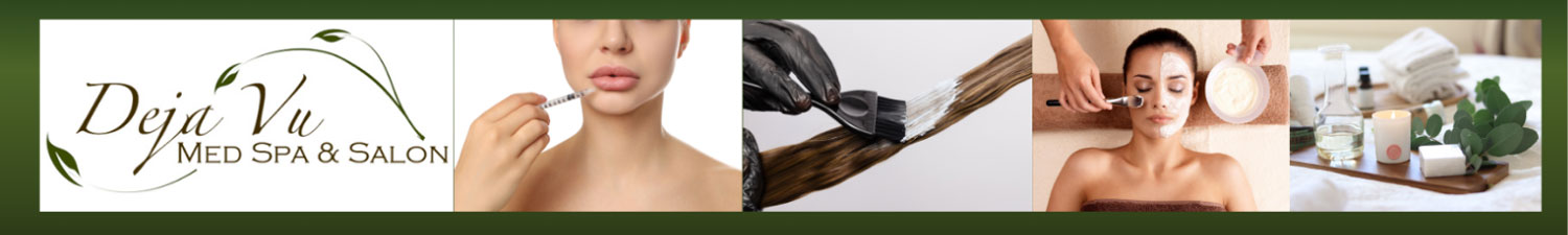 Deja Vu Med Spa and Salon logo with different pictures of woman receiving spa services and products.