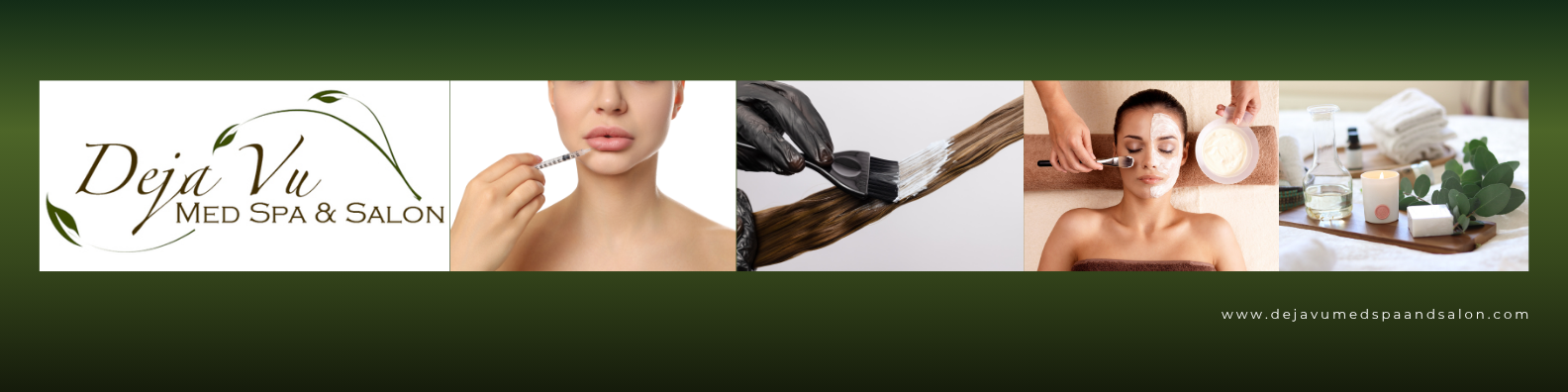 Deja Vu Med Spa & Salon logo with pictures spa treatments of ladies and products.